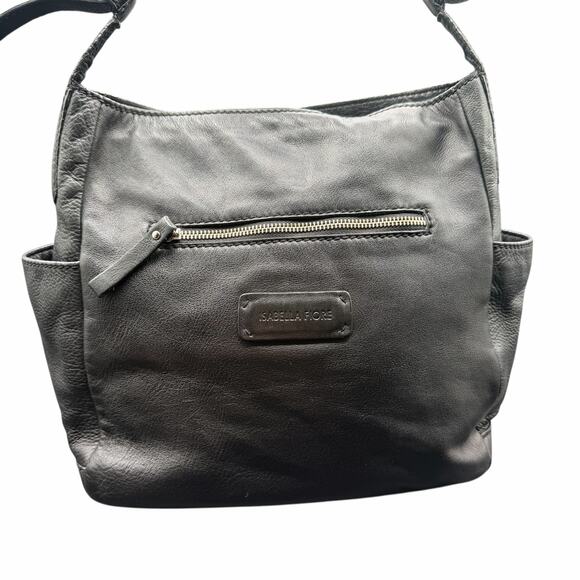 Isabella Fiore Black Leather Laser Cut Floral Shoulder Hobo Bag - Picture 8 of 16